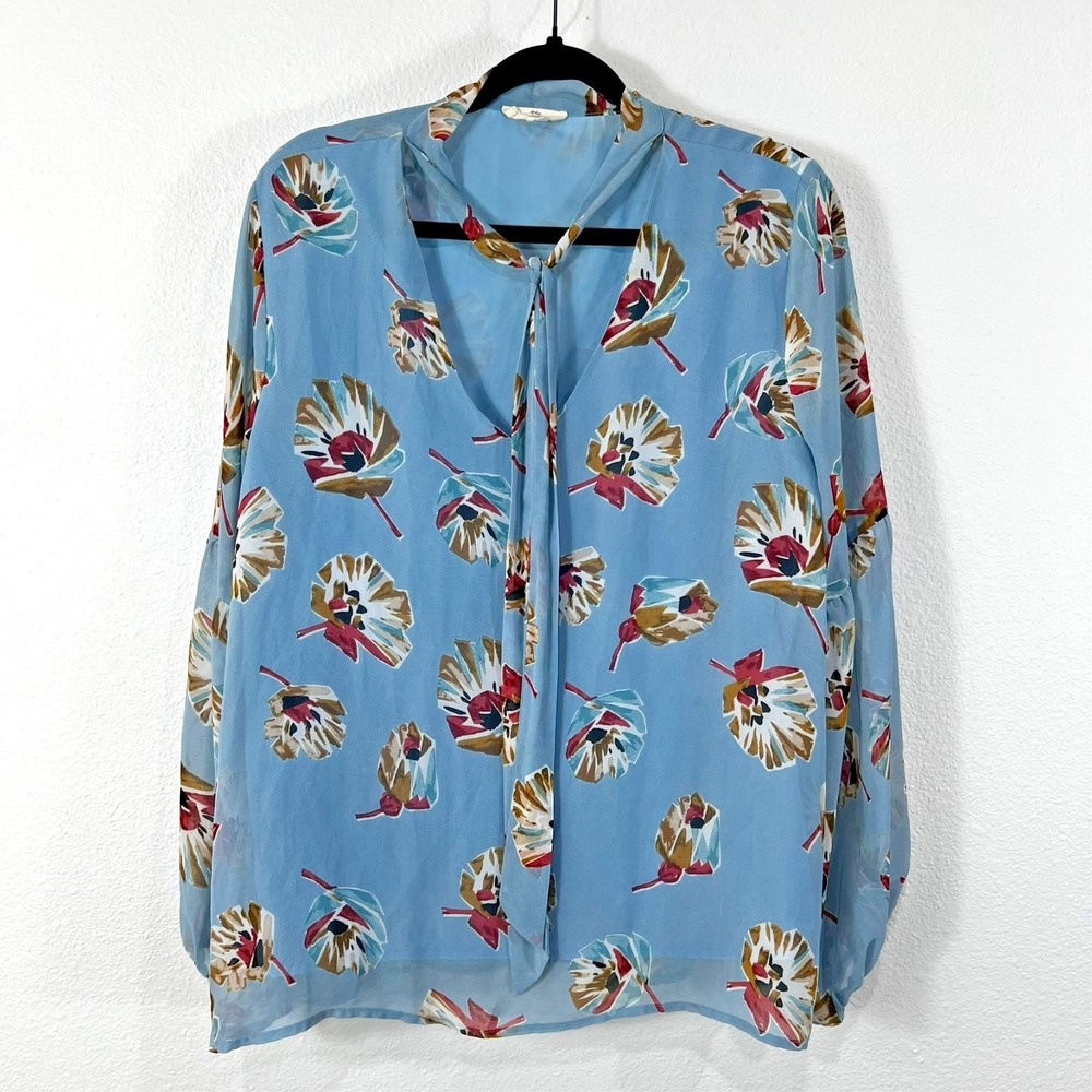 Entro Blouse Womens L Blue Floral Chiffon Lined Balloon Sleeve Tie Neck Top
